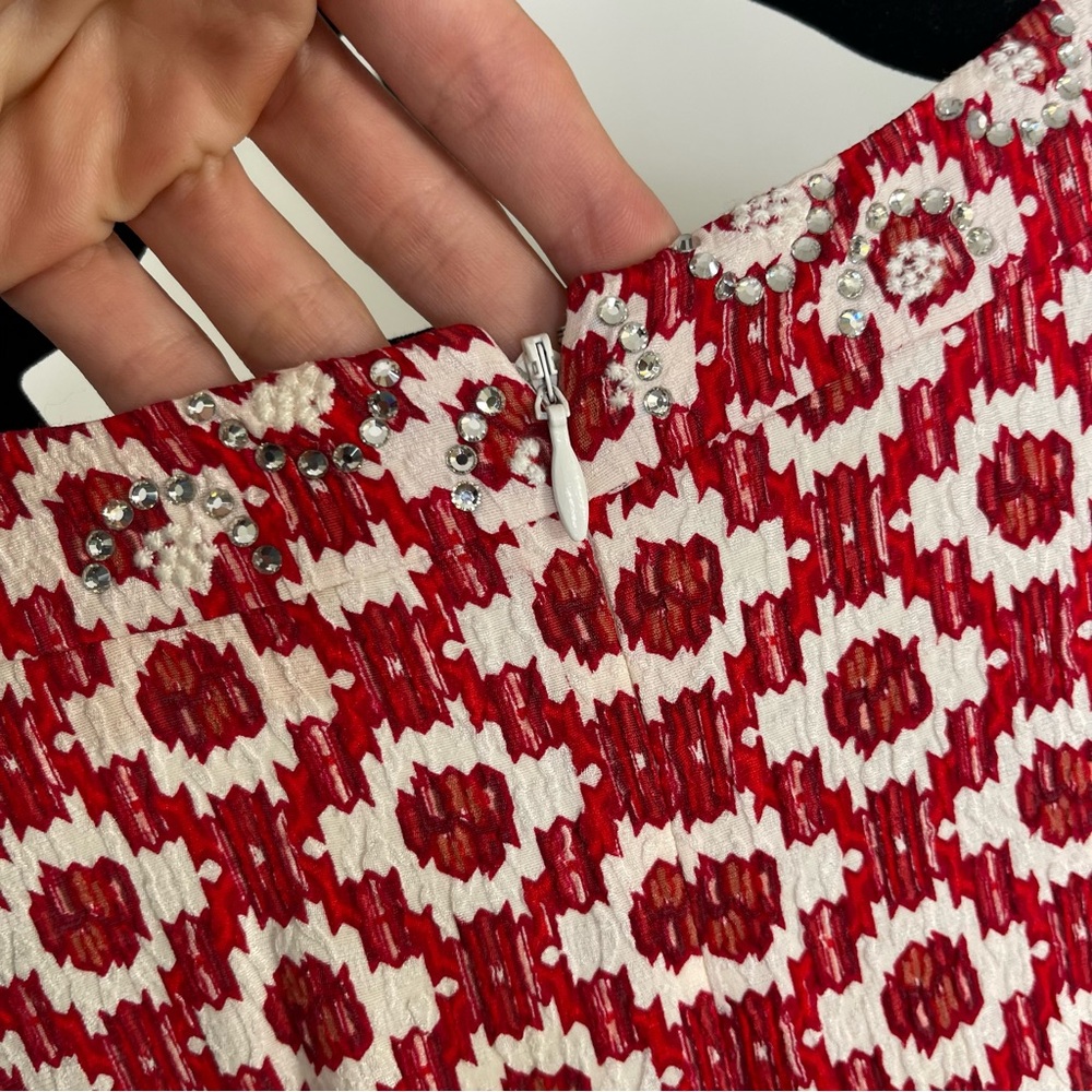 Tory Burch Red Textured Printed Long Sleeve Crystal Embellished Maxi Dress 4 - Picture 9 of 12